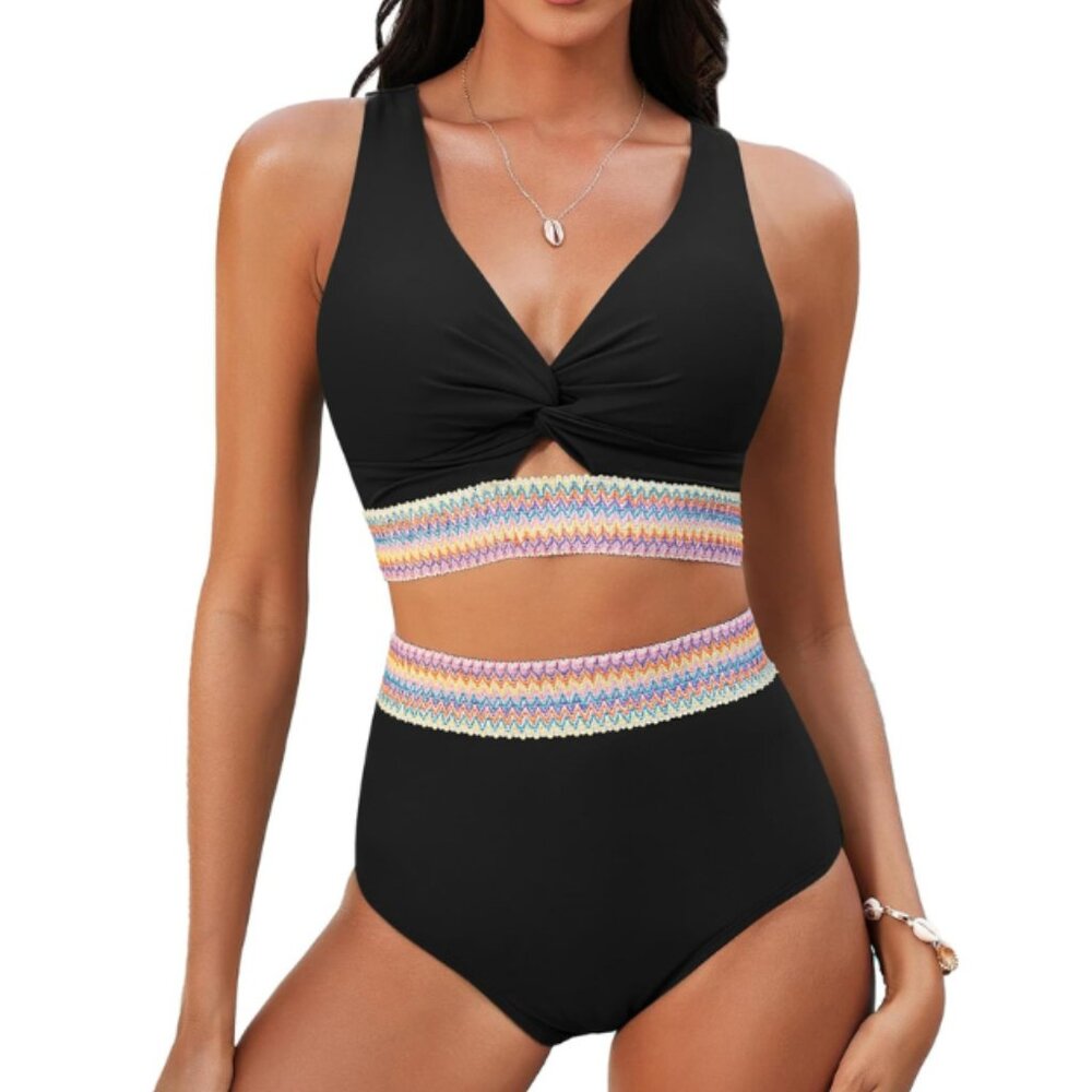 Women's Black Two-Piece Color Block High Waist Bikini Swimsuit Size Medium 8-10